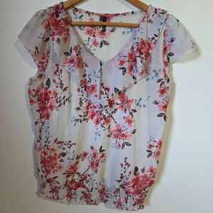 EUC MAURICES FLORAL V NECK ELASTIC WAIST TOP SIZE LARGE